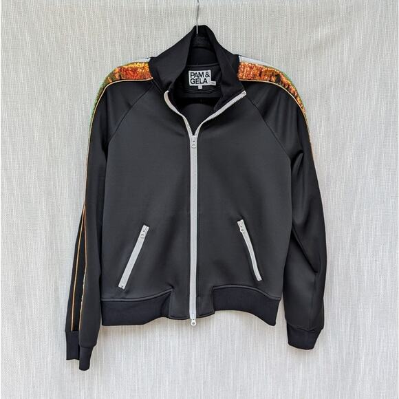 Pam & Gela Black Sequined Stripe Zip Up Track Jacket, size L - Picture 1 of 8